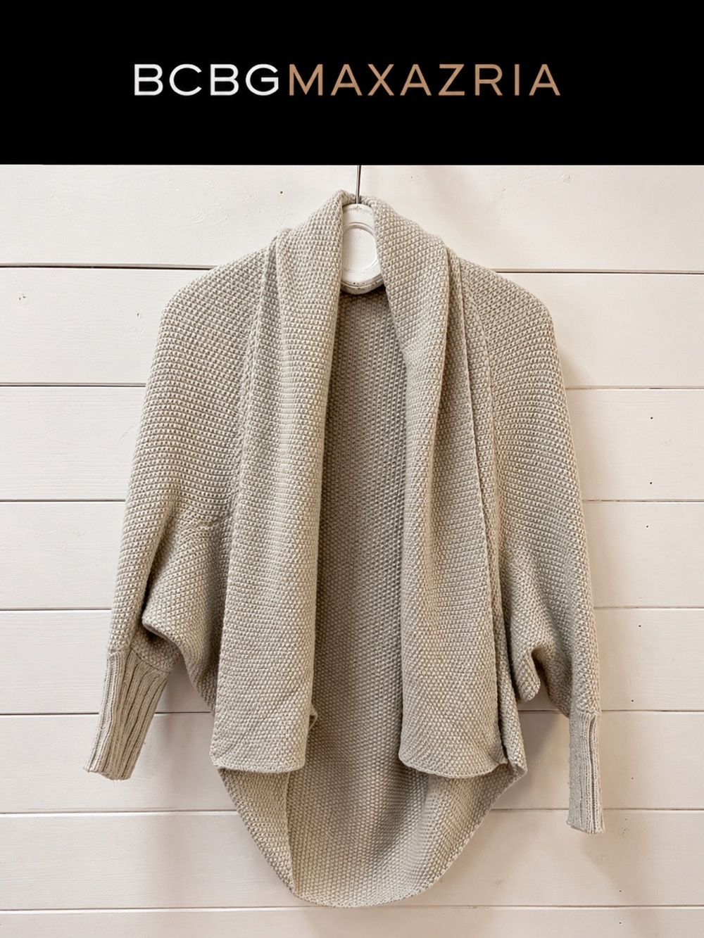 BCBG MAX AZRIA – Grey-Beige Textured Knit Open Cardigan (M)